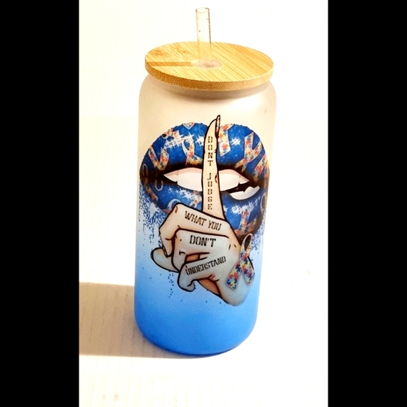 New 7" Frosted Glass Autism Tumbler w/ Wood Stopper Lid & Straw - Picture 1 of 12